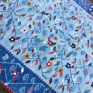 May include: A light blue rug with a floral pattern. The rug features a central design of stylized vines and flowers in shades of red, pink, yellow, and brown. A dark blue border with a zigzag pattern frames the rug.