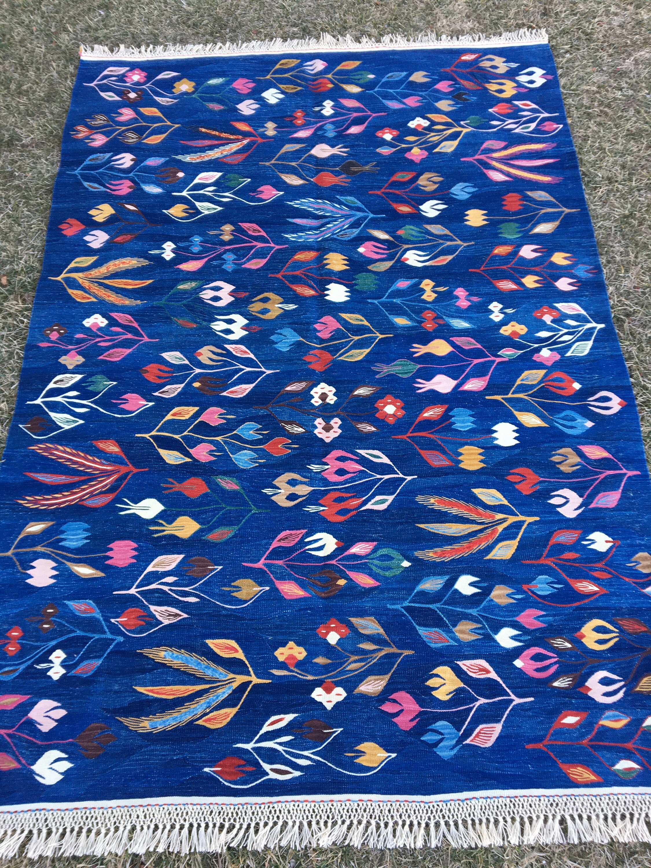 Oriental Blue Kilim Rug Flower Blue Kilim Rug Turkish Rug Etsy