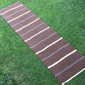 3’5x15’ Long Nautral Runner Rug, Kilim Rug Runner, Handmade Brown Striped Runner, Wool Long Runner, Wide Stair Carpet, Hallway Rugs