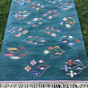 Puede incluir: Una alfombra azul turquesa con un patr&oacute;n geom&eacute;trico de hojas estilizadas de colores. La alfombra tiene un borde de flecos blancos.