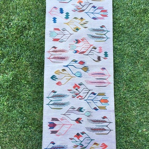 May include: A long, rectangular rug with a white background and a colorful, abstract pattern of stylized leaves and flowers. The rug has a fringe border.