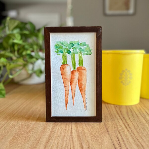 5x10 Set of 3 Carrots Watercolor Painting in a Modern Wood Picture Frame–Veggie Wall Decor–Kitchen Original Watercolor Painting