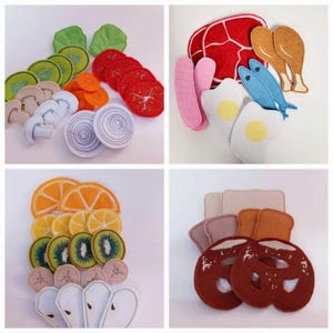 Puede incluir: Conjunto de juego de comida de fieltro con varios art&iacute;culos de comida, incluyendo verduras, frutas, carne y pan. El conjunto incluye tomates rojos, lechuga verde, zanahorias naranjas, cebollas amarillas, rodajas de naranja, rodajas de kiwi verde, champi&ntilde;ones marrones, rodajas de cebolla blancas, carne roja, muslos de pollo marrones, pescado azul, salchicha rosa, huevos blancos, rebanadas de pan marr&oacute;n y pretzels marrones.
