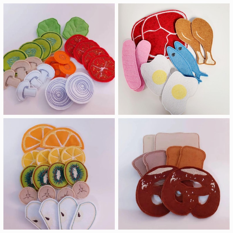 Puede incluir: Conjunto de juego de comida de fieltro con varios art&iacute;culos de comida, incluyendo verduras, frutas, carne y pan. El conjunto incluye tomates rojos, lechuga verde, zanahorias naranjas, cebollas amarillas, rodajas de naranja, rodajas de kiwi verde, champi&ntilde;ones marrones, rodajas de cebolla blancas, carne roja, muslos de pollo marrones, pescado azul, salchicha rosa, huevos blancos, rebanadas de pan marr&oacute;n y pretzels marrones.