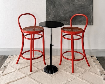 Vintage bar stools, set of 2, bentwood, Italy, Viennese wicker, red, 1960s