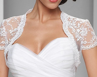 Short sleeve embroidered tulle bridal bolero jacket with beads Lace Long sleeved bridal bolero