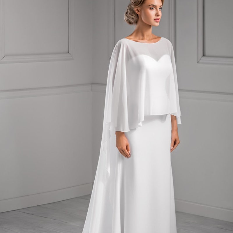 Silky Knit Chiffon Layered Gown with Cape