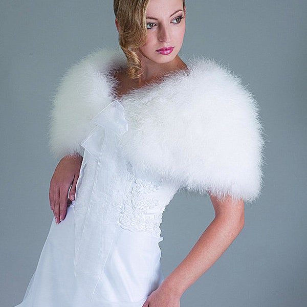 Fur Stole for Wedding Bridal Stole Marabou Feathers Luxury Organza Bow Ribbon White Cape Ivory Stole bridal fur stole