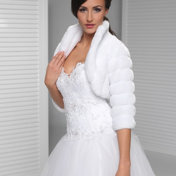 Fux fur mink Bridal Bolero 2/3 Sleeves Warm Bolero for Bride | Winter Wedding Faxu Fur Bolero