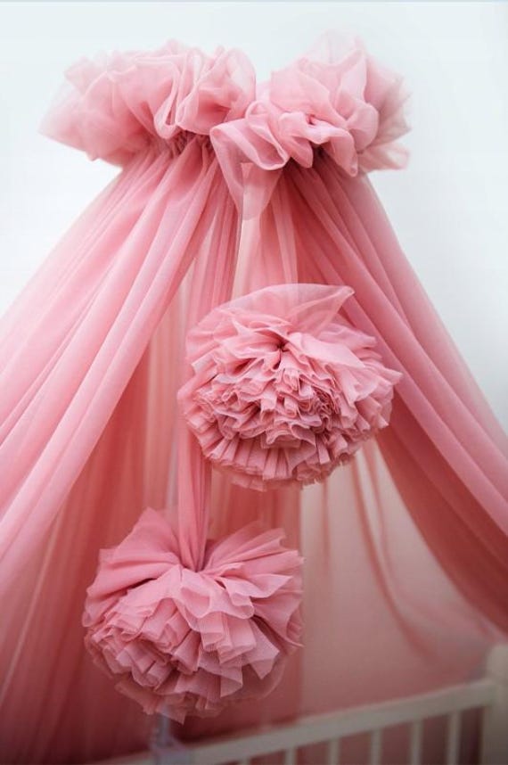 Dreamy Chiffon Tulle Baby Cot Crib Canopy with Pompoms – Enchanting Mosquito Net with Holder & Pompoms Baldachin Nursery Canopy Tulle canopy