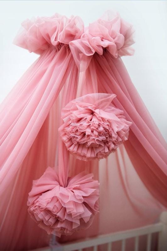 Dreamy Chiffon Tulle Baby Cot Crib Canopy with Pompoms – Enchanting Mosquito Net with Holder & Pompoms Baldachin Nursery Canopy Tulle canopy