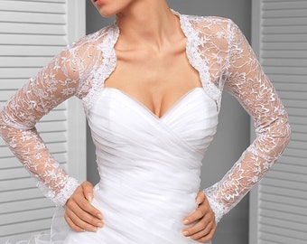 Long sleeve embroidered tulle bridal bolero jacket with sequins Lace Long sleeved bridal bolero