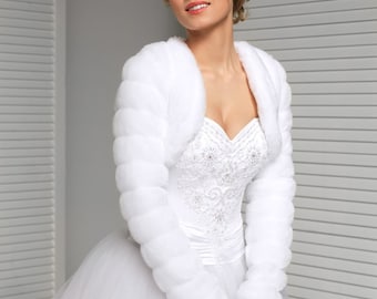 Mink faux fur warm bolero for Bride | Bridal Fur Wrap - Long Sleeves | Wedding fur bolero