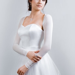 Long Sleeves Stretch Tulle Bridal Cover Up | Elastic Tulle Simple Bridal Shrug | Ivory