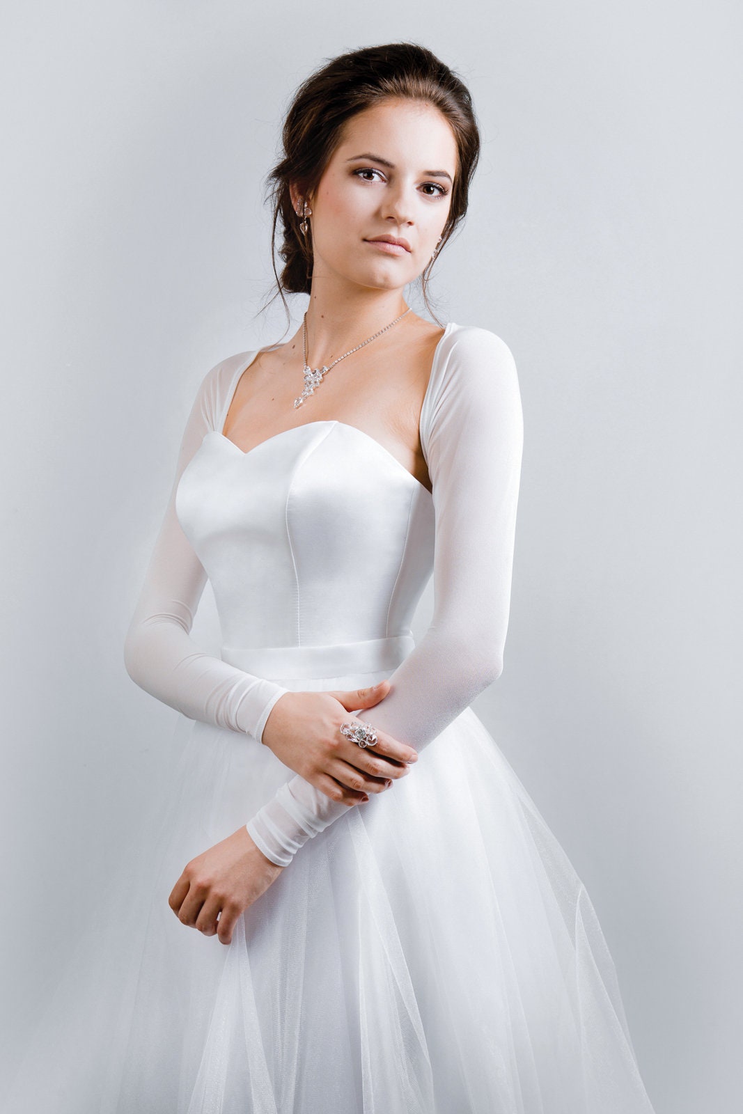 Long Sleeves Stretch Tulle Bridal Cover Up | Elastic Tulle Simple Bridal Shrug | Ivory