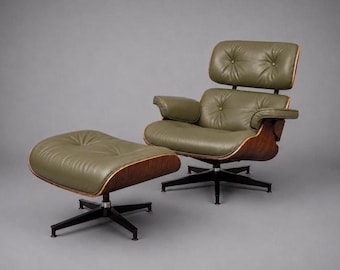Eames Style Lounge Chair and Ottoman – Green Leather & Walnut Veneer Mid Century Modern Chair