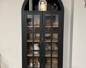 Farmhouse Arched Cabinet with Glass Doors, Walnut Display Bookcase with Drawer, Modern Storage Cabinet with Adjustable Shelves Living Room