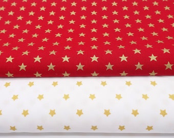 Cotton, golden glized stars, red, Christmas