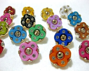 10 buttons in different colors with glitter stones, 12 mm, K123E