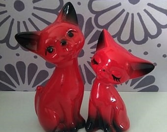 Katzen, Katzenpaar, Katzenpärchen, Keramik, rot, 70er Jahre, Vintage, retro