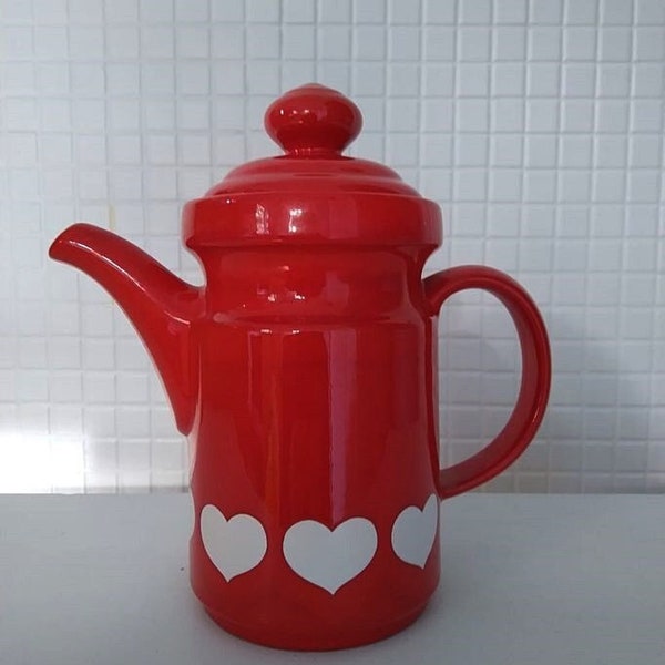 Kaffeekanne, Wächtersbach, rot mit weißen Herzen, 70er Jahre, Keramik, 1,5 Liter, Vintage, retro