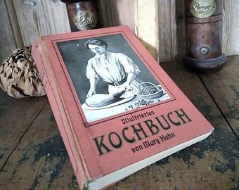 Antikes illustriertes Kochbuch im Schuber, Mary Hahn, 1921, 16-18. Auflage, antiquarisch, alte Rezepte, Kochen früher, Vintage, Brocante