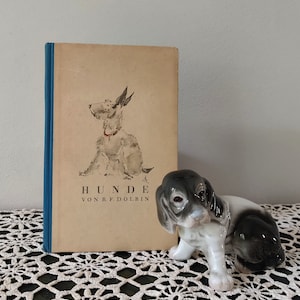 May include: A vintage book titled "HUNDE VON B.F. DOLBIN" with a black and white illustration of a dog on the cover. A small porcelain figurine of a black and white dog is sitting on a white crocheted doily.