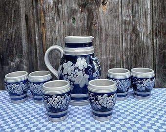 Antique wine jug with 6 cups, apple wine jug, Bembel, earthenware jug, jug, handmade, rustic ceramic, GDR, country house, Bacchus, Dionysus