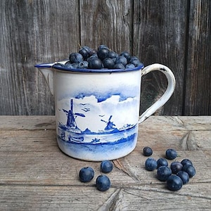 Könnte beinhalten: Ein weißer Emaille-Krug mit blauem Rand und Henkel, verziert mit einer blauen Landschaftsillustration mit Windmühlen. Der Krug ist mit frischen Blaubeeren gefüllt und einige lose Blaubeeren liegen verstreut in der Nähe.