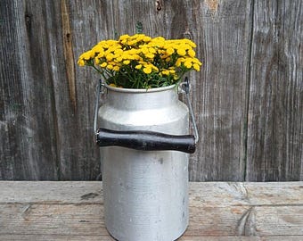 Old aluminum milk can with wooden handle, 2 liters, leak-proof, farmhouse can, rustic vase, garden decoration, vintage garden, country house
