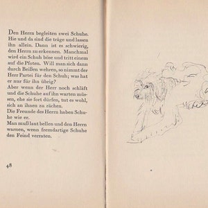 May include: A black and white illustration of a dog with a short, curly coat. The dog is lying down with its head turned to the side. The illustration is drawn in a simple, sketchy style.