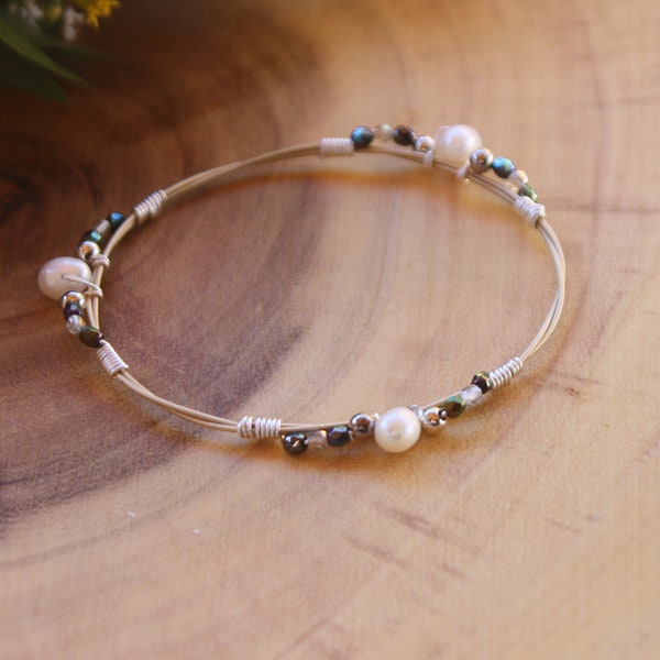 Recycled Guitar String Bangle Bracelet with pearls and metal beads