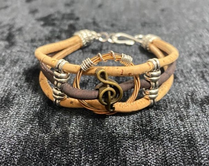 Recycled Guitar String Bracelet Cork/Leather with Treble Clef (Multiple styles/colors)