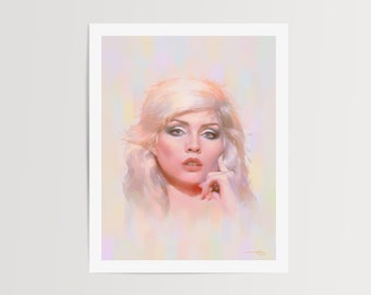 May include: A portrait painting of a woman with blonde hair and blue eyes. She is wearing makeup and has a soft, dreamy expression. The background is a soft, pastel color.