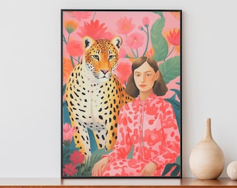 Woman with Cheetah Wall art, Vintage Animal print Eclectic Wall Art, Maximalist Print, Eclectic Poster Maximalist Decor Apartment Aesthetic