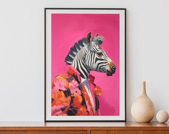 Funky Zebra Portrait Print, Animal Head Poster, Eclectic Decor, Maximalist Wall Art, Pink Floral Quirky Zebra Wall Art, Unique Illustration