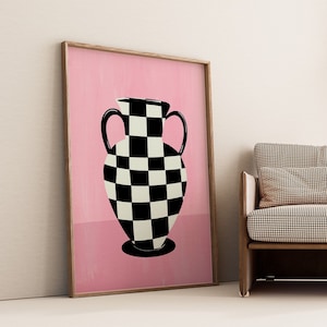 Impresión descargable de jarrón a cuadros, arte ecléctico de pared rosa, arte imprimible digital escandinavo, impresión moderna, arte abstracto, impresión de naturaleza muerta