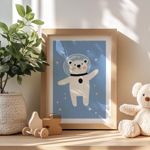 Póster de oso astronauta lindo, arte de pared para guardería del espacio exterior, póster de oso polar, decoración de pared para habitación de niños, arte imprimible para habitación de niños, decoración de sala de juegos