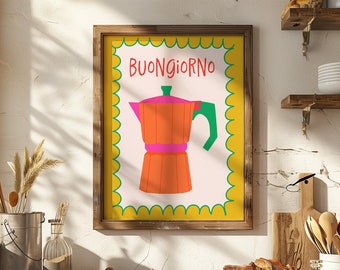 Buongiorno Colorful Moka Pot Wall Art, Hand Drawn Coffee Poster, Preppy Dopamine Room Decor, Italy Mediterranean Estética Print,