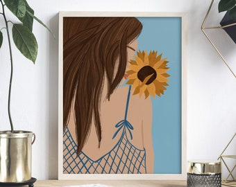 Boho Woman Art, Female Portrait, Sunflower wall art, Plant Lady Print, Boho Decor Modern Art, Abstract Portrait Female Illustration download
