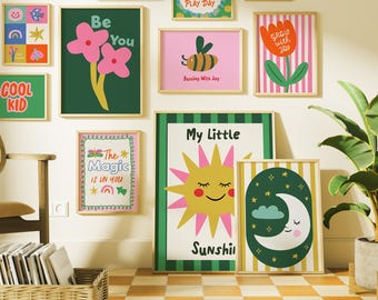 Kids Room Gallery Wall Set of 12 Prints, Eclectic Nursery Wall Art, Bright Dopamine Decor, Colorful Hand Drawn Illustrations