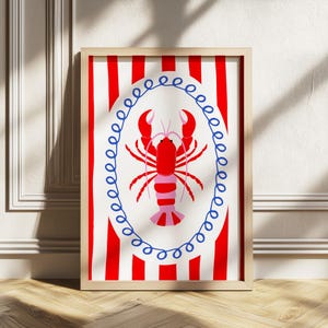 Impresión de langosta roja, póster de rayas retro, impresión de mariscos, arte mural costero, decoración de comedor, arte mural estético para cocina, descarga digital