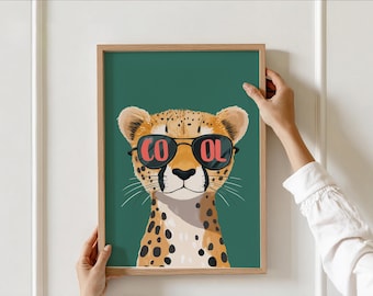 Cool Cheetah Wall Art – Safari Animal Sunglass Printable for Boys Room, Eclectic Kids Nursery Playroom Decor, Jungle Theme Poster Download,