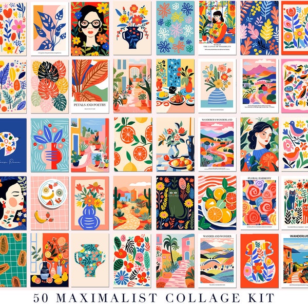 Kit de 50 collages muraux éclectiques, décoration murale vibrante, kit de collage esthétique, impressions Matisse, ensemble mural de galerie maximaliste, art coloré à télécharger