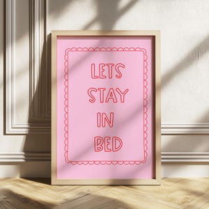 Let’s Stay in Bed Wall Art – Pink Coquette Quote Poster, Dopamine Bedroom Decor, Retro Aesthetic Print, Dorm Room Decor, Digital Download