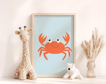 Orange Crab Nursery Wall Art – Cute Ocean Animal Printable Art for Kids Room, Beach Coastal Decor, Gender neutral art, Sea-life Poster