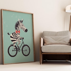 Zebra on Bike Wall Art, Animal Cycling Illustration, Whimsical Nursery Decor, Cute Kids Room Art, Playful Safari Print, Digital Download