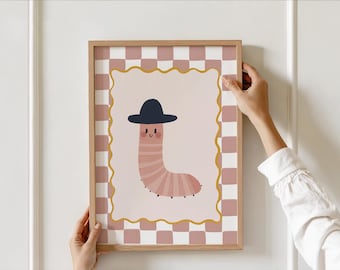 Happy Worm Nursery Print, Playful Kids Wall Art, Cute Animal Illustration, Checkered Background Poster in Neutral Color, Whimsical Art