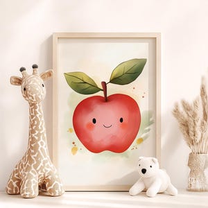 Cute Apple Wall Art, Playful Kitchen Print, Kids Room Decor, Whimsical Fruit Nursery print,  Toddler Wall Art, Cute fruit print Kawaii style