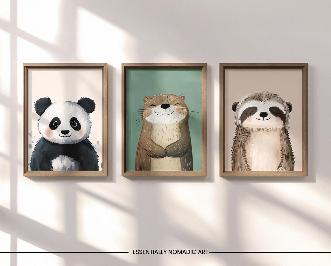 Cute Animal Woodland Nursery Wall Art Set of 3 - Panda Otter Sloth ...